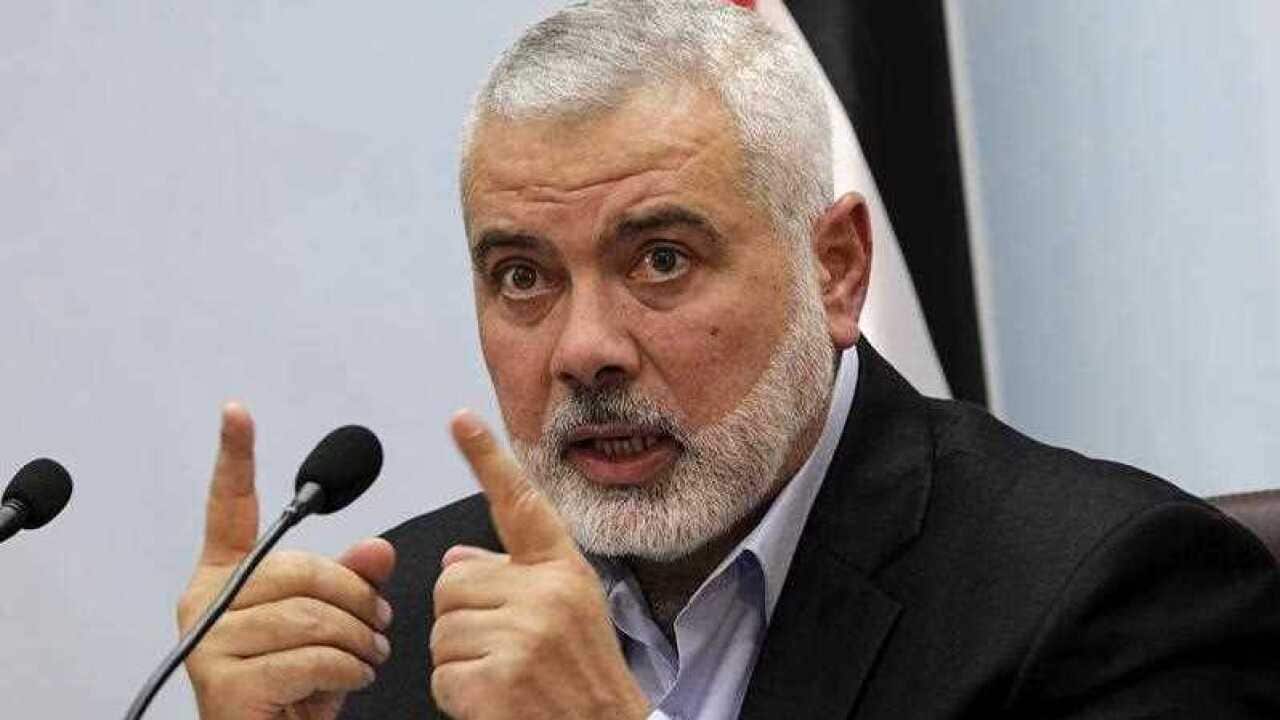 Hamas top leader Sheikh Ismail Haniyeh speaks during a press conference at his office in Gaza City.