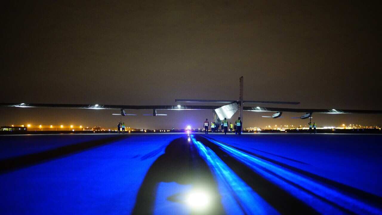 This photo provided by Solar Impulse shows the "Solar Impulse 2", preparing to take off from Tulsa International Airport.