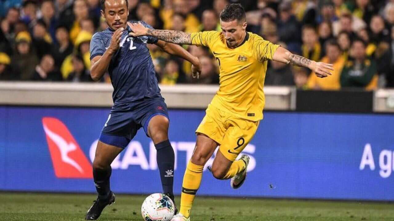 Socceroos defeated Nepal in the World Cup qualifying in Canberra - Jamie Maclaren had two goals in the opening 20 minutes. (AAP: James Gourley)