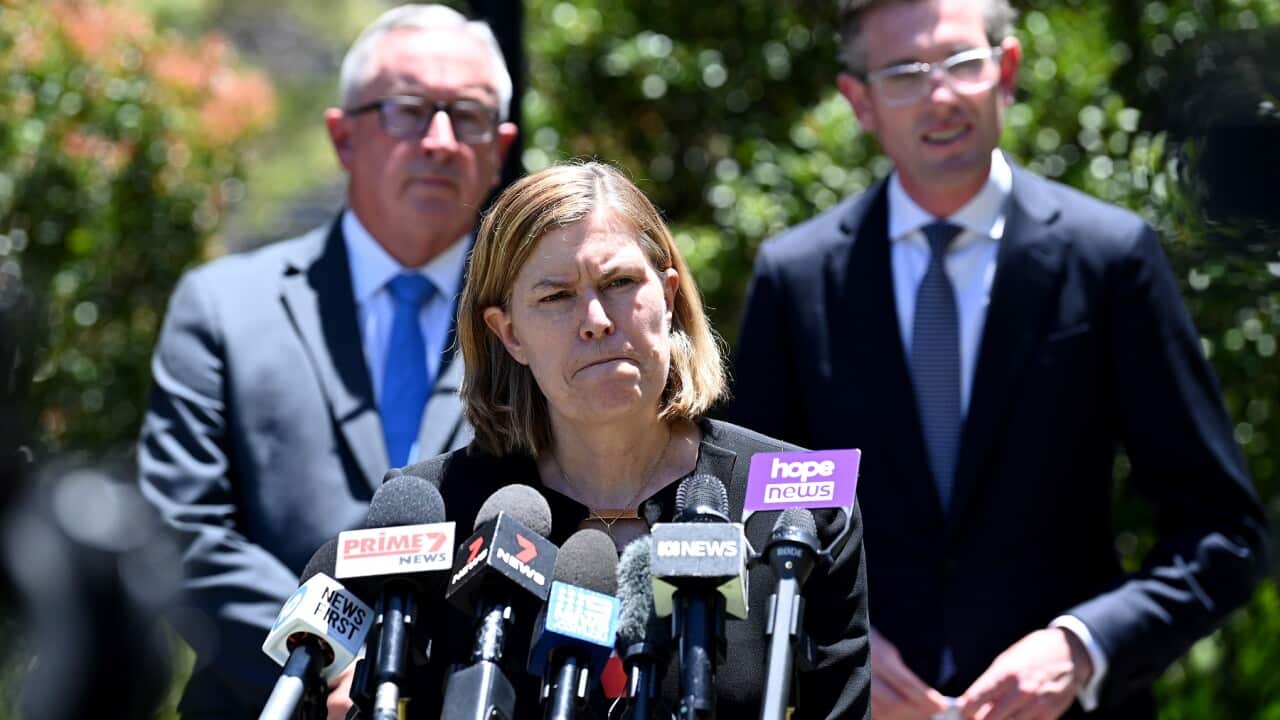 NSW Chief Health Officer Dr Kerry Chant (centre) reports a jump in the state's case numbers