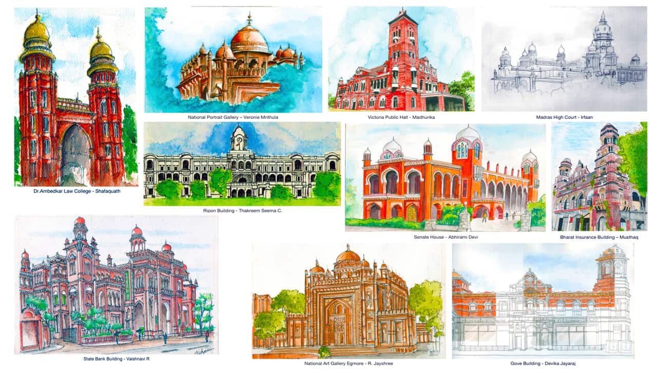 Sketches of Madras (Chennai) buildings done by students of MEASI Academy of Architecture, courtesy Madras Musings