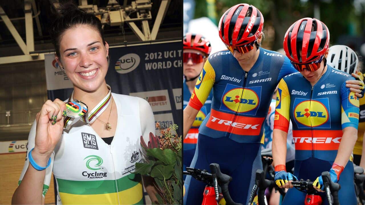 A composite of a woman holding a medal and two cyclists consoling each other.