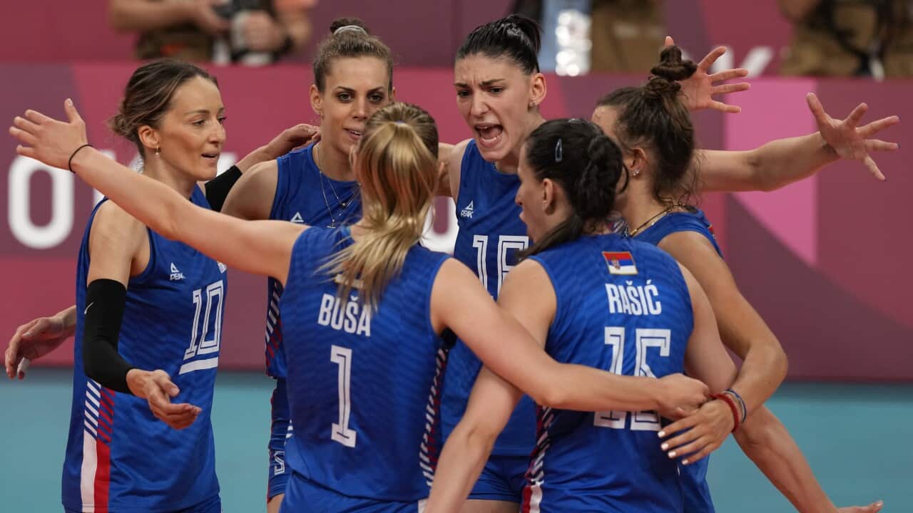 Players from Serbia react while playing Korea during the bronze medal match in women's volleyball at the 2020 Summer Olympics, Sunday, Aug. 8, 2021, in Tokyo, Japan. (AP Photo/Frank Augstein)