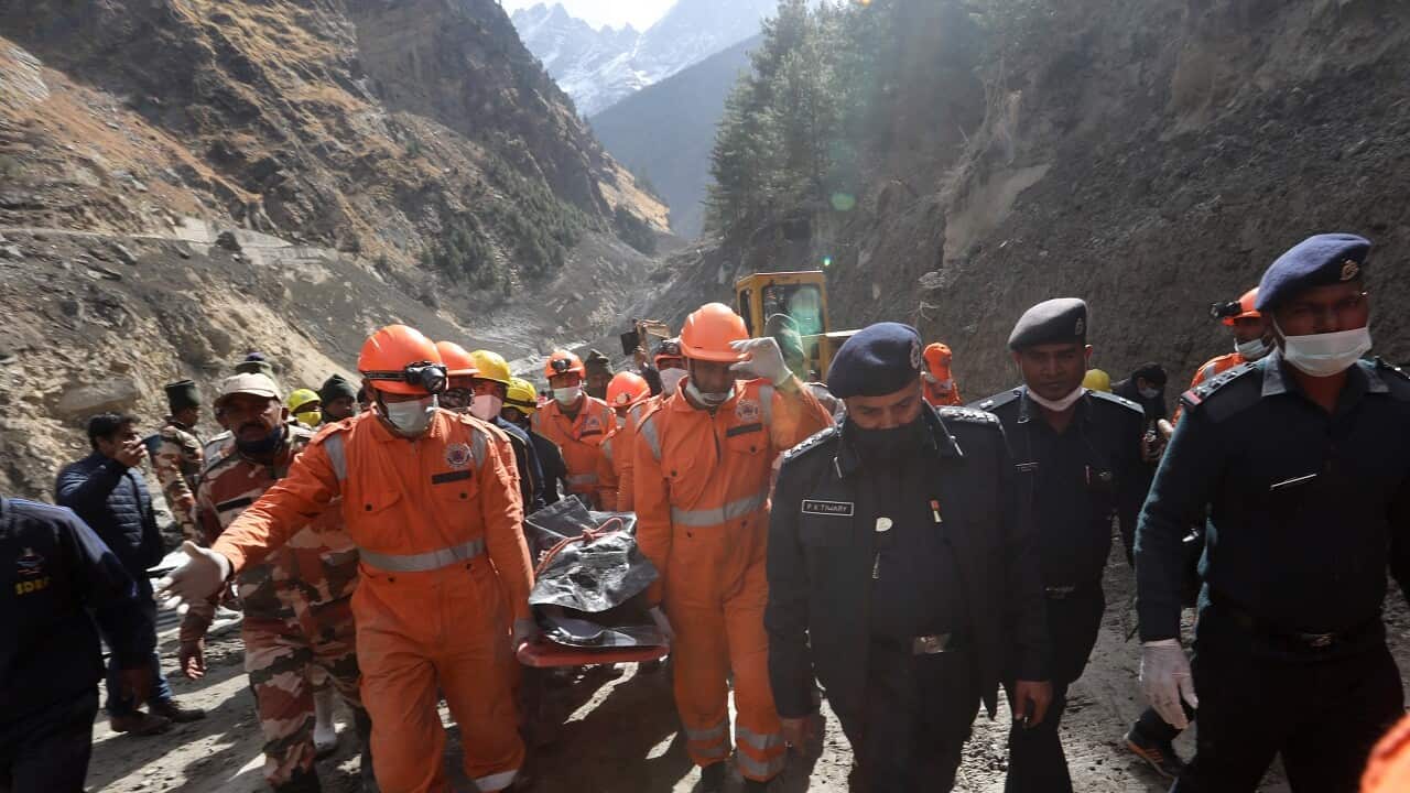 National Disaster Response Force near the damaged Dhauliganga hydro power project in Chamoli district, Uttarakhand, India, 09 February 2021.