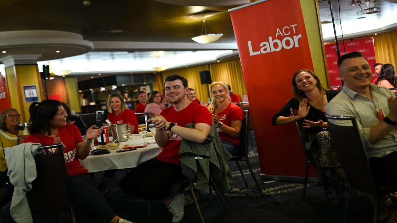 ACT Labor supporters celebrate as the ACT election is called as a Labor win on 17 October.