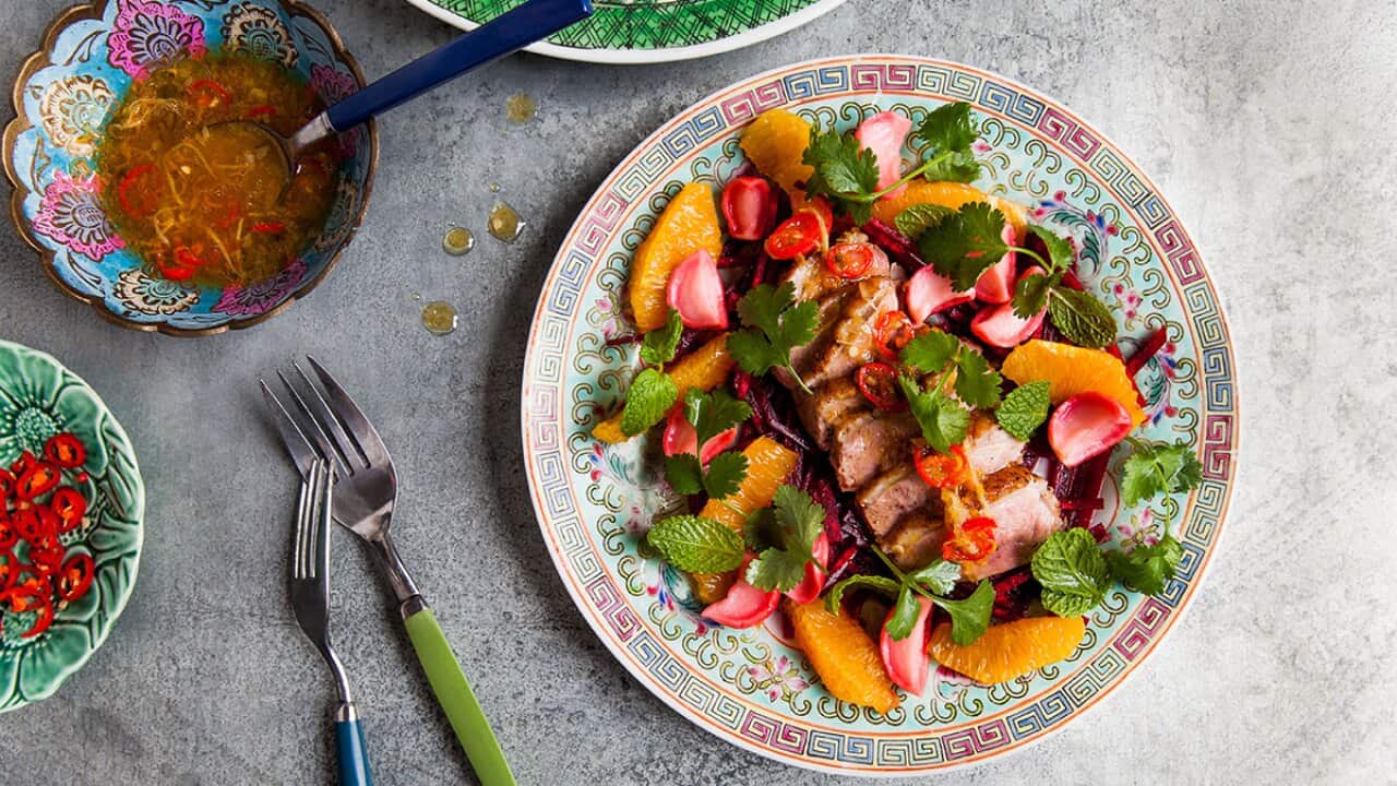 Smoked duck, beetroot and orange sauce