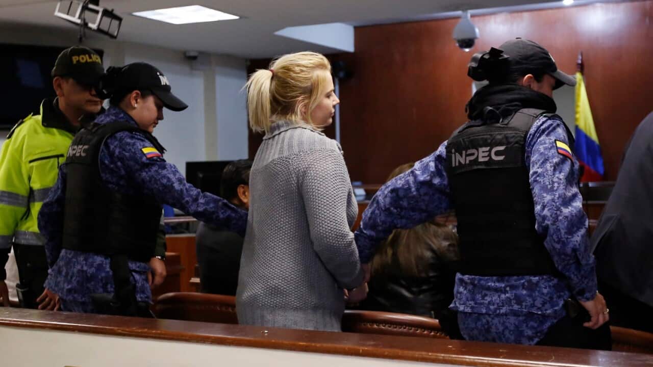 Cassandra Sainsbury, of Australia, arrives for a court hearing in Bogota, Wednesday, July 26, 2017. 