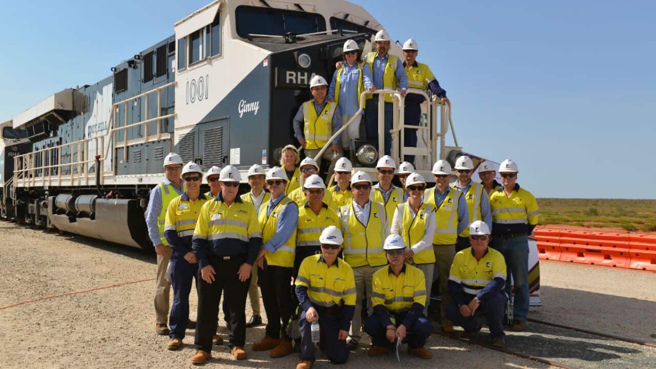 Mining magnate Gina Rinehart (top left) at the "christening" of locomotives for her Roy Hill iron ore project in Western Australia's Pilbara.