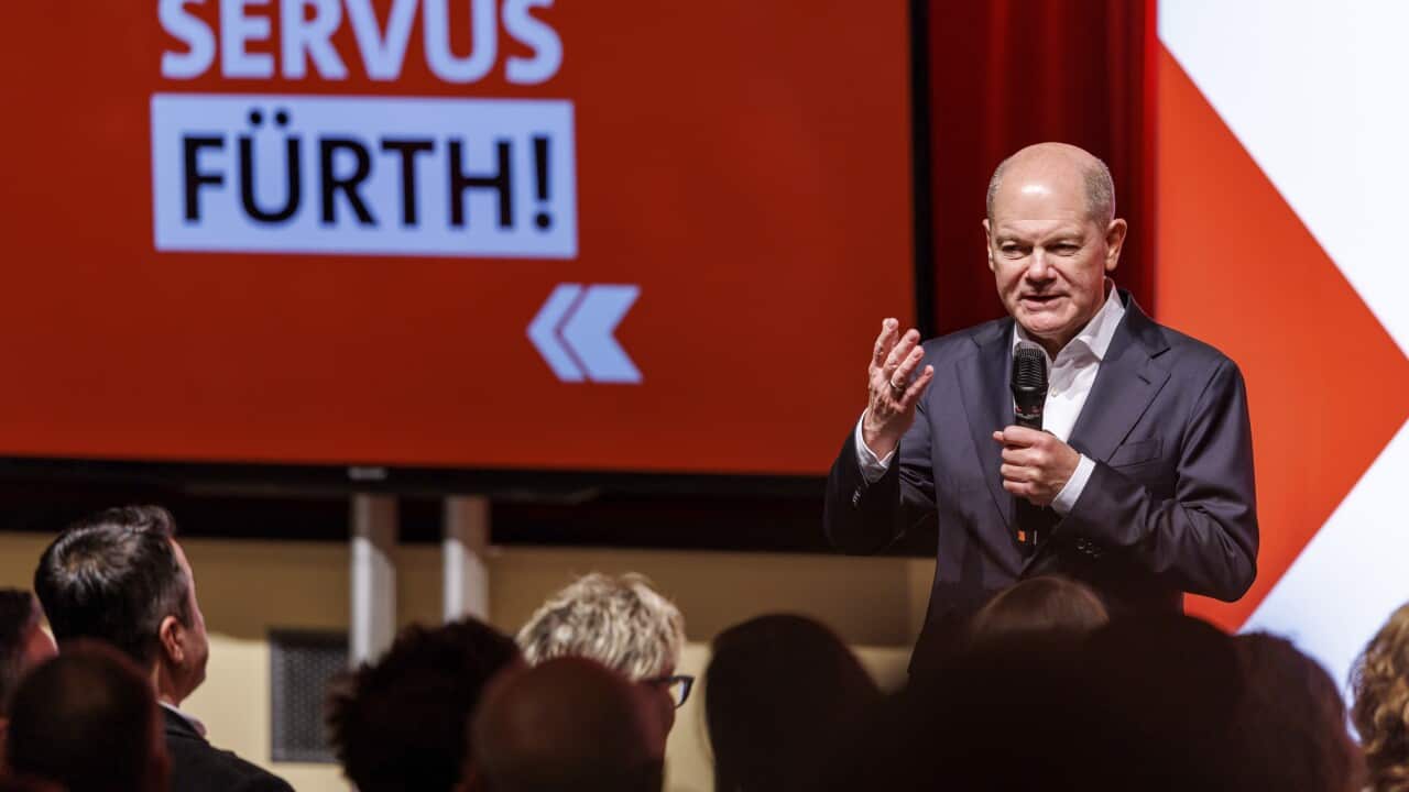 German Chancellor Olaf Scholz speaks at an SPD election campaign event (aap)