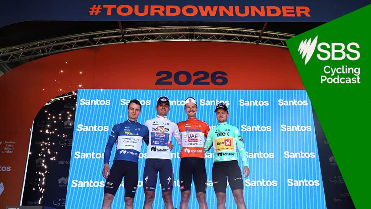 STIRLING, AUSTRALIA - JANUARY 25: (L-R) Tobias Lund Andresen of Denmark and Decathlon CMA CGM Team - Blue Sprint Jersey, Andrea Raccagni Noviero of Italy and Team Soudal Quick-Step - White Best Young Rider Jersey, Jay Vine of Australia and UAE Team Emirates - Orange Santos Leader's Jersey and Martin Urianstad Bugge of Norway and Team Uno-X Mobility - Polka Dot Mountain Jersey celebrate at podium after the 26th Santos Tour Down Under 2026, Stage 5 a 169.8km stage from Stirling to Stirling / #UCIWT / on January 25, 2026 in Stirling, Australia. (Photo by Con Chronis/Getty Images)