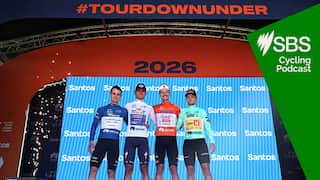STIRLING, AUSTRALIA - JANUARY 25: (L-R) Tobias Lund Andresen of Denmark and Decathlon CMA CGM Team - Blue Sprint Jersey, Andrea Raccagni Noviero of Italy and Team Soudal Quick-Step - White Best Young Rider Jersey, Jay Vine of Australia and UAE Team Emirates - Orange Santos Leader's Jersey and Martin Urianstad Bugge of Norway and Team Uno-X Mobility - Polka Dot Mountain Jersey celebrate at podium after the 26th Santos Tour Down Under 2026, Stage 5 a 169.8km stage from Stirling to Stirling / #UCIWT / on January 25, 2026 in Stirling, Australia. (Photo by Con Chronis/Getty Images)