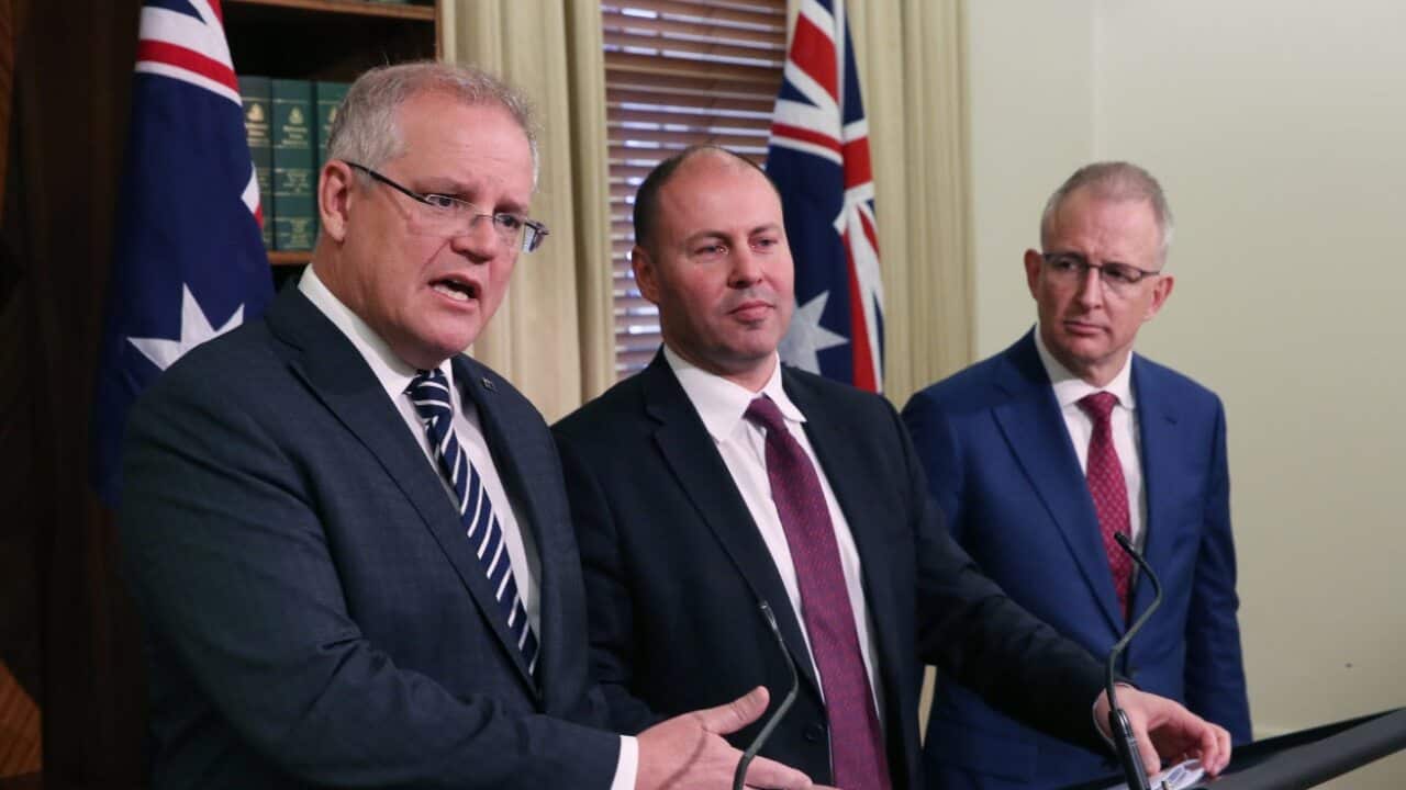 Prime Minister Scott Morrison, Treasurer Josh Frydenberg and Minister for Communications, Cyber Safety and the Arts Paul Fletcher.