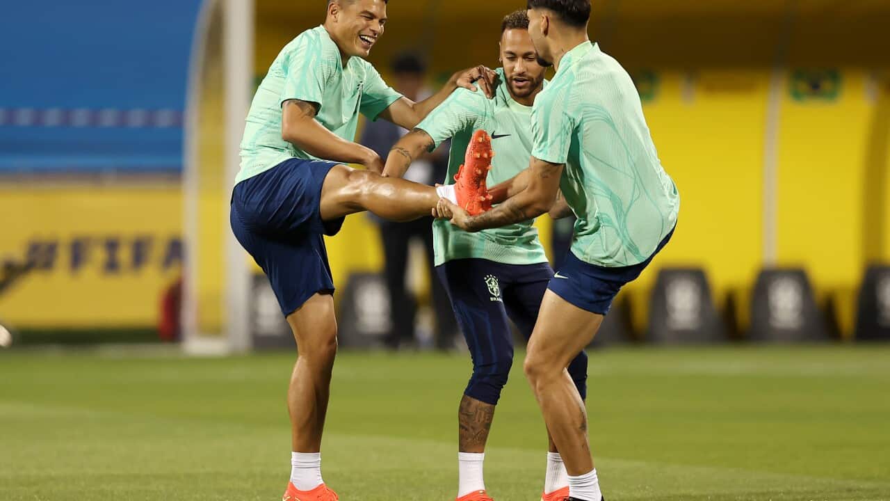 Thiago Silva, Neymar and Lucas Paqueta of Brazil warm up