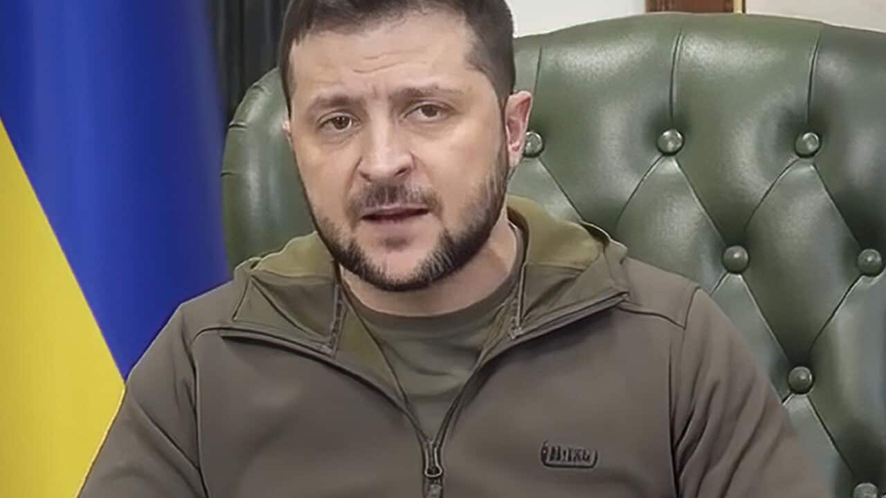 Ukrainian President Volodymyr Zelenskyy is seen speaking.