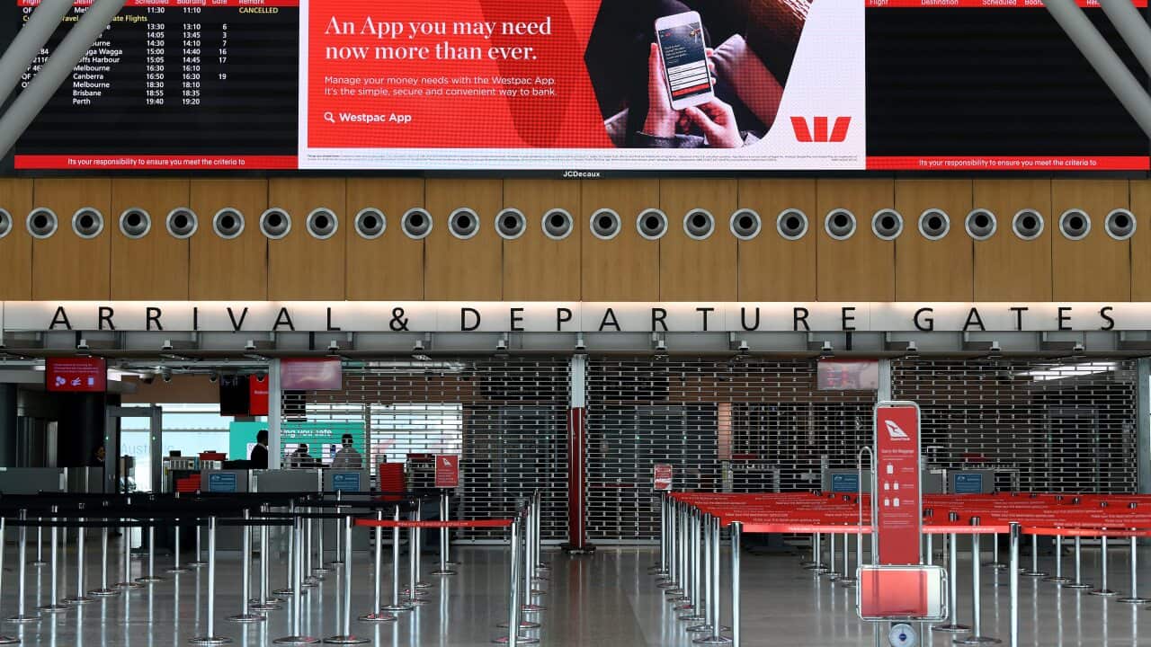A deserted arrivals and departures security point is seen at the Qantas terminal at Sydney Airport.