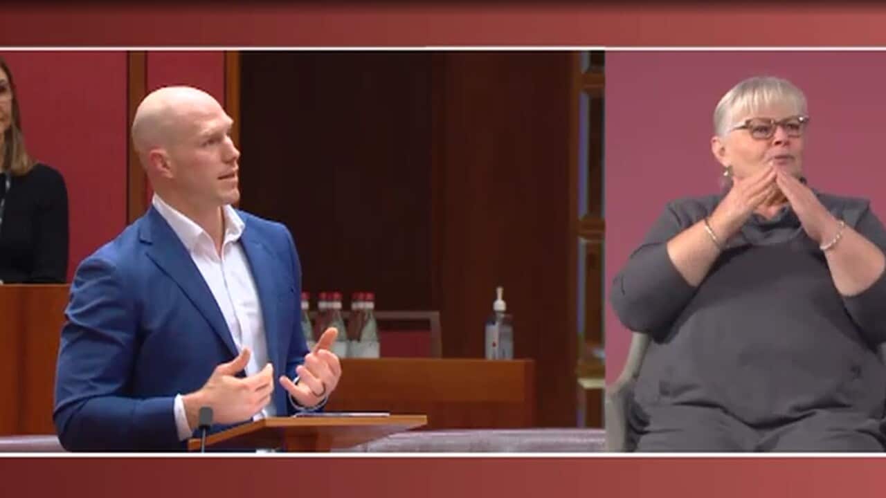 Independent senator David Pocock delivers his maiden speech in Parliament with an Auslan interpreter after initial opposition to the arrangement.