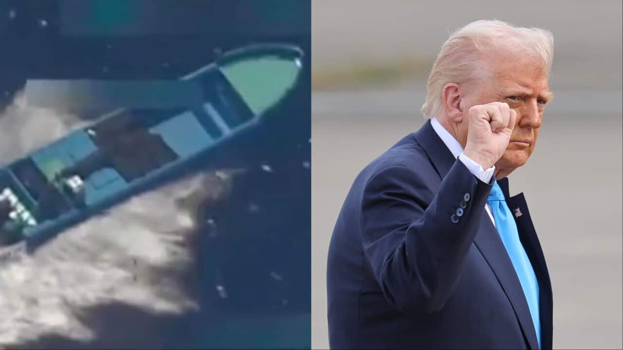 Imagen compuesta de una vista aérea de un gran barco abierto de aluminio (izquierda) y (derecha) de Donald Trump de pie afuera con la mano derecha levantada en un puño