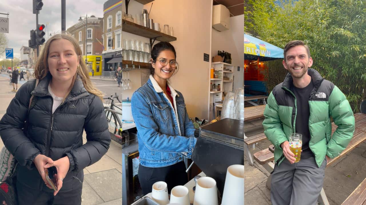 A triptych of three people in different locations around London