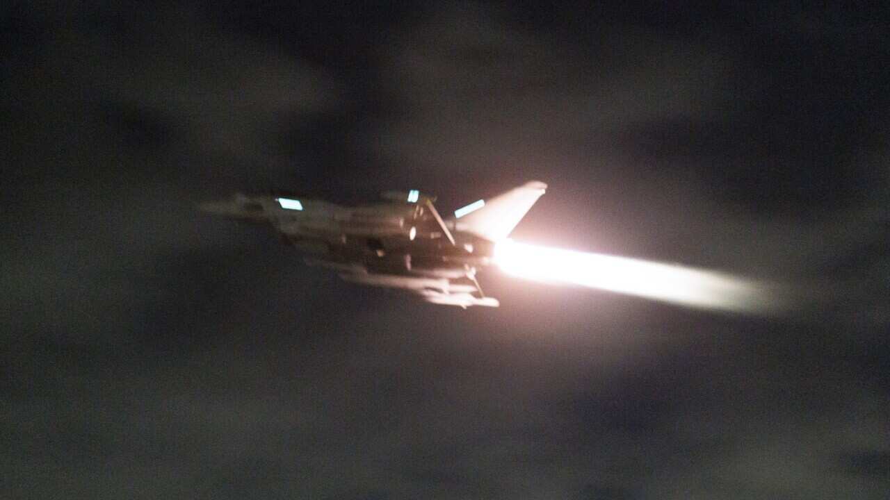 In this image provided the Ministry of Defence, an RAF Typhoon aircraft takes off to conduct further strikes against Houthi military targets in Yemen, from RAF Akrotiri, Cyprus, Saturday, Feb. 3, 2024.