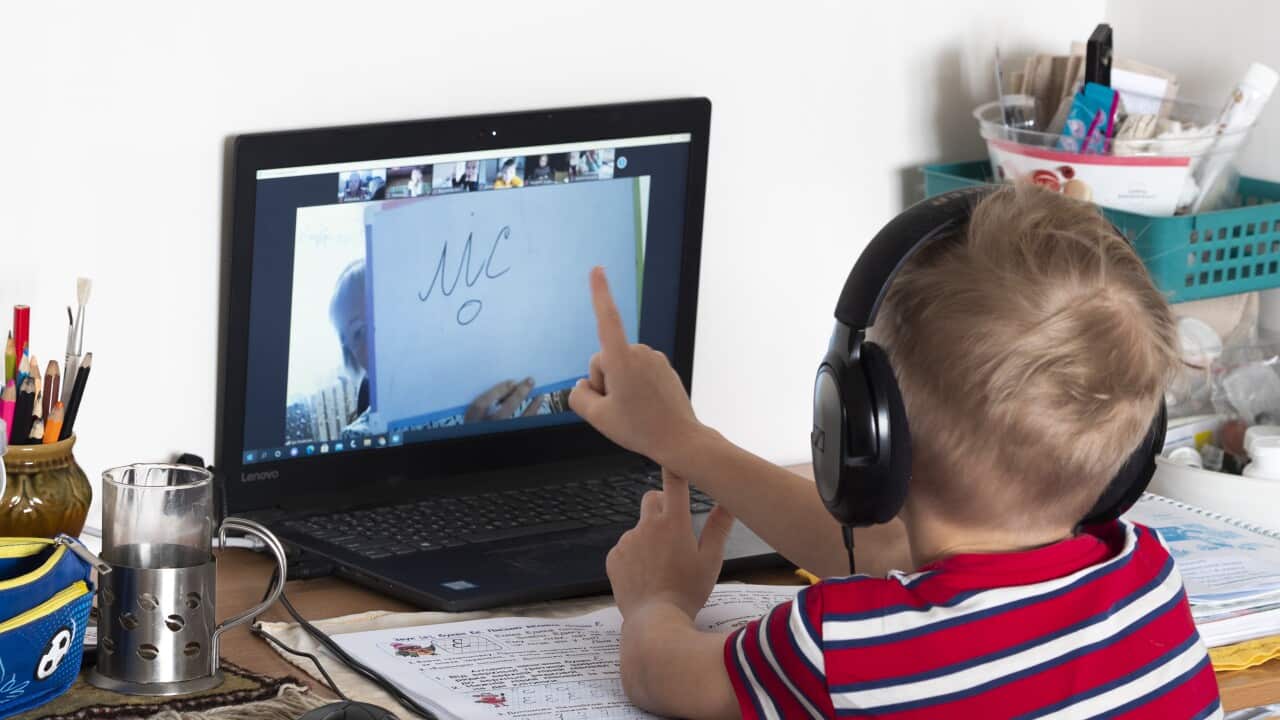 First grader Alexey seen during an online lesson.
Online
