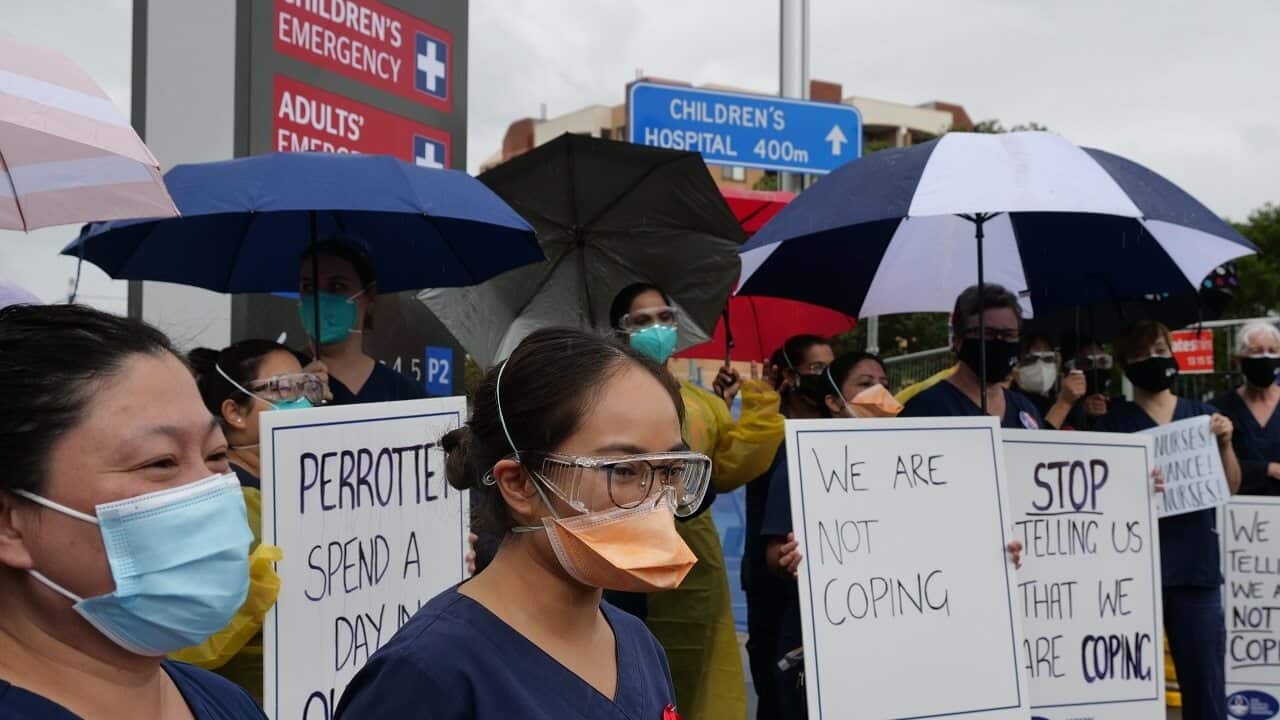 IICU nurses rally outside Westmead Hospital in Sydney, Wednesday, January 19, 2022.