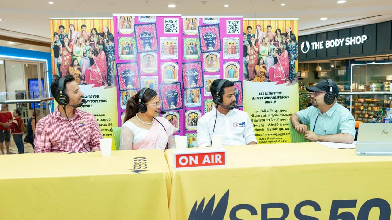 (L-R) Sanjay Parajuli, Rojina Baskota and Subash Chetry at SBS Audio's radio program from Cairns Central Shopping Centre on Thursday, 9 October 2025. 