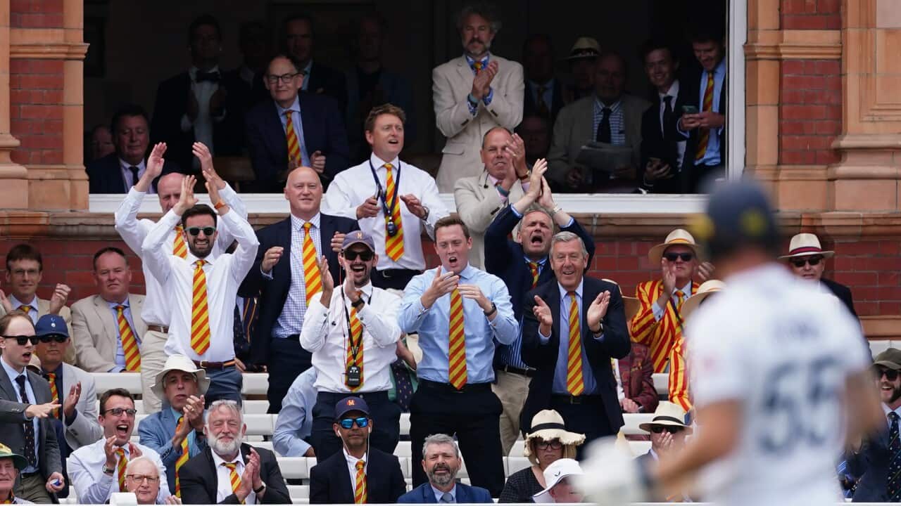 Several people, mostly men in ties, cheer from the stands during a cricket match.