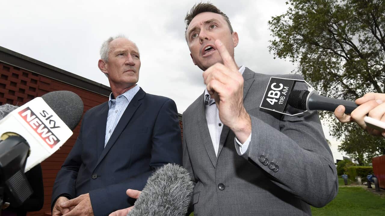 One Nation party officials Steve Dickson (left) and James Ashby field questions during a press conference in Brisbane.