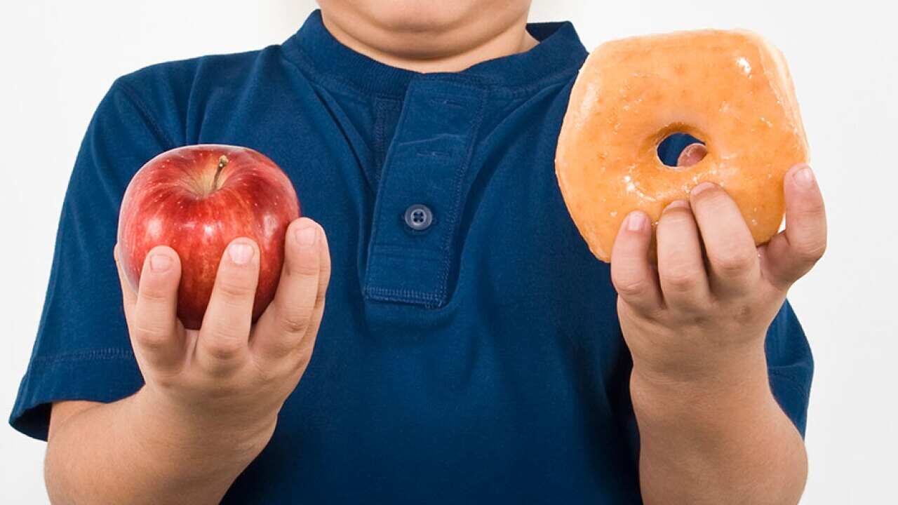 Boy with apple and doughnut making food choices