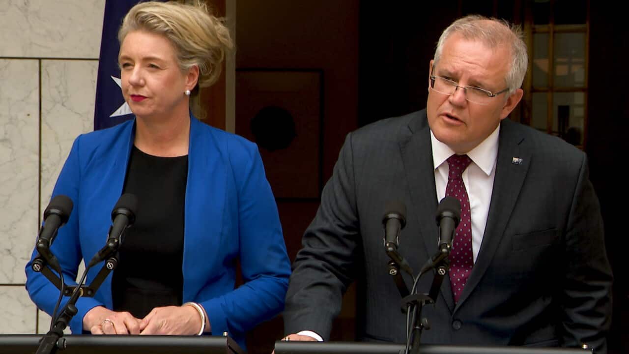 Minister for Agriculture Bridget McKenzie and PM Scott Morrison speak at a press conference at Parliament House (AAP).