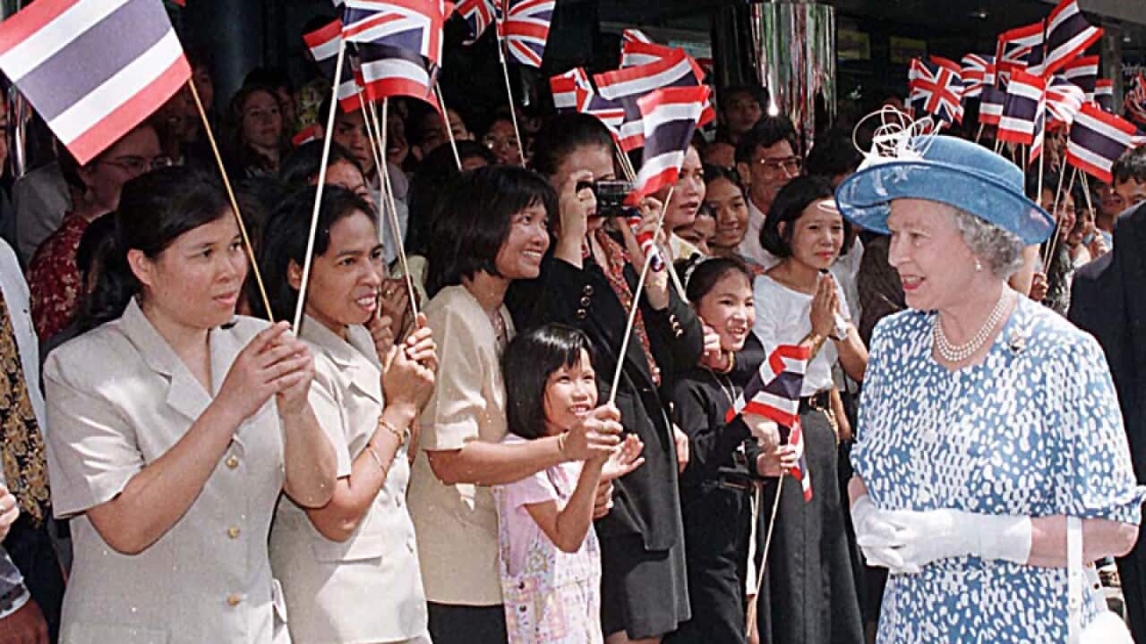 Queen Elizabeth II outside the British Council offices in Bangkok