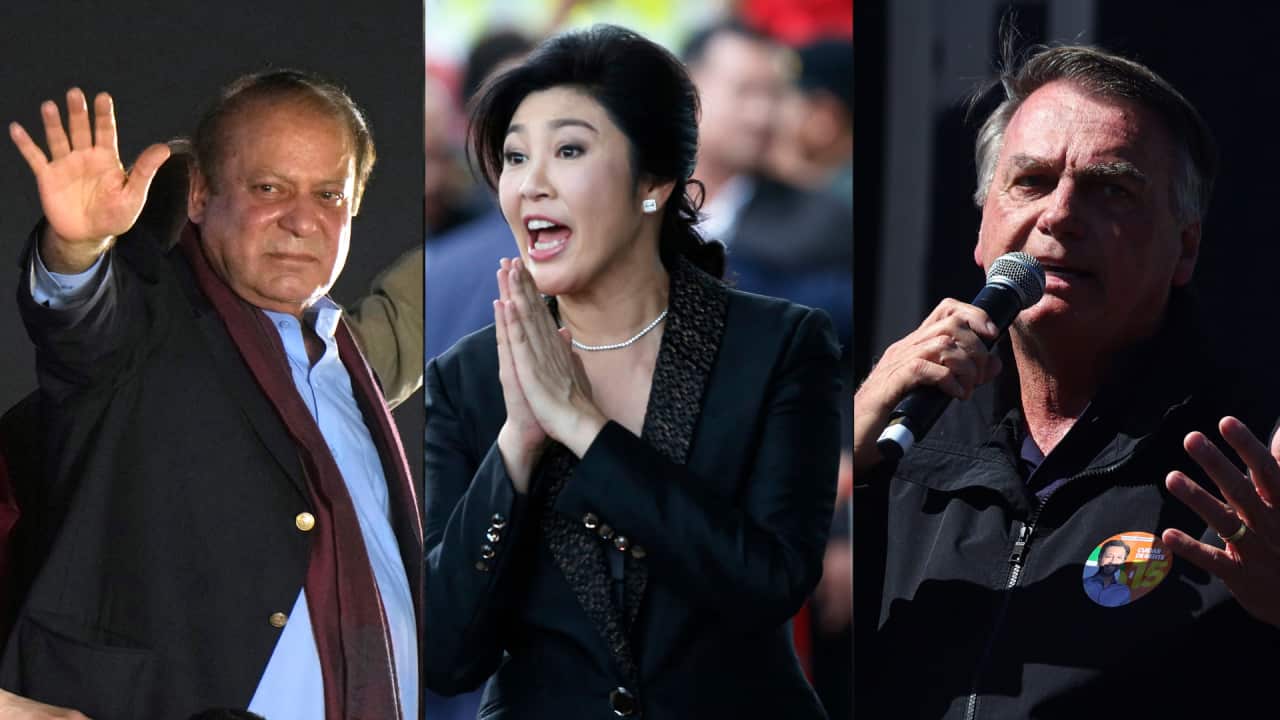 A composite image of three world leaders. On the left is a middle aged man is waving, in the middle a woman clasps her hands together in an expression of gratitude or prayer and on the right a man speaks into a microphone.