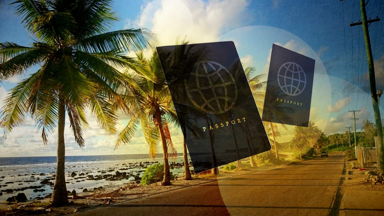 Graphic showing the Nauru coastline and some passports