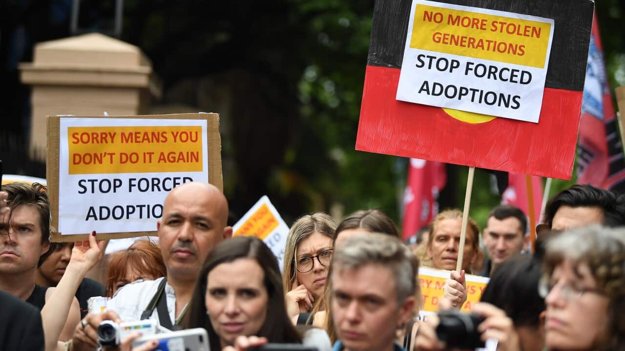 Protesters hold placards at the Stop Forced Adoptions: Reject the Child Protection Bill Protest outside Parliament House in Sydney, Wednesday, November 14, 2018. (AAP Image/Joel Carrett) NO ARCHIVING