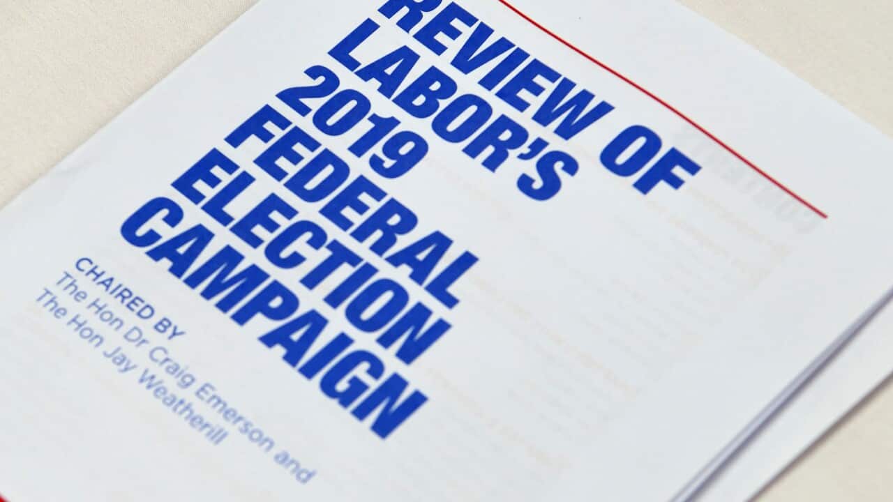 A copy of the Review of Labor's 2019 Federal Election Campaign Review is seen at the Monash University Conference Centre in Melbourne, Thursday, November 7, 2019. (AAP Image/Julian Smith) NO ARCHIVING