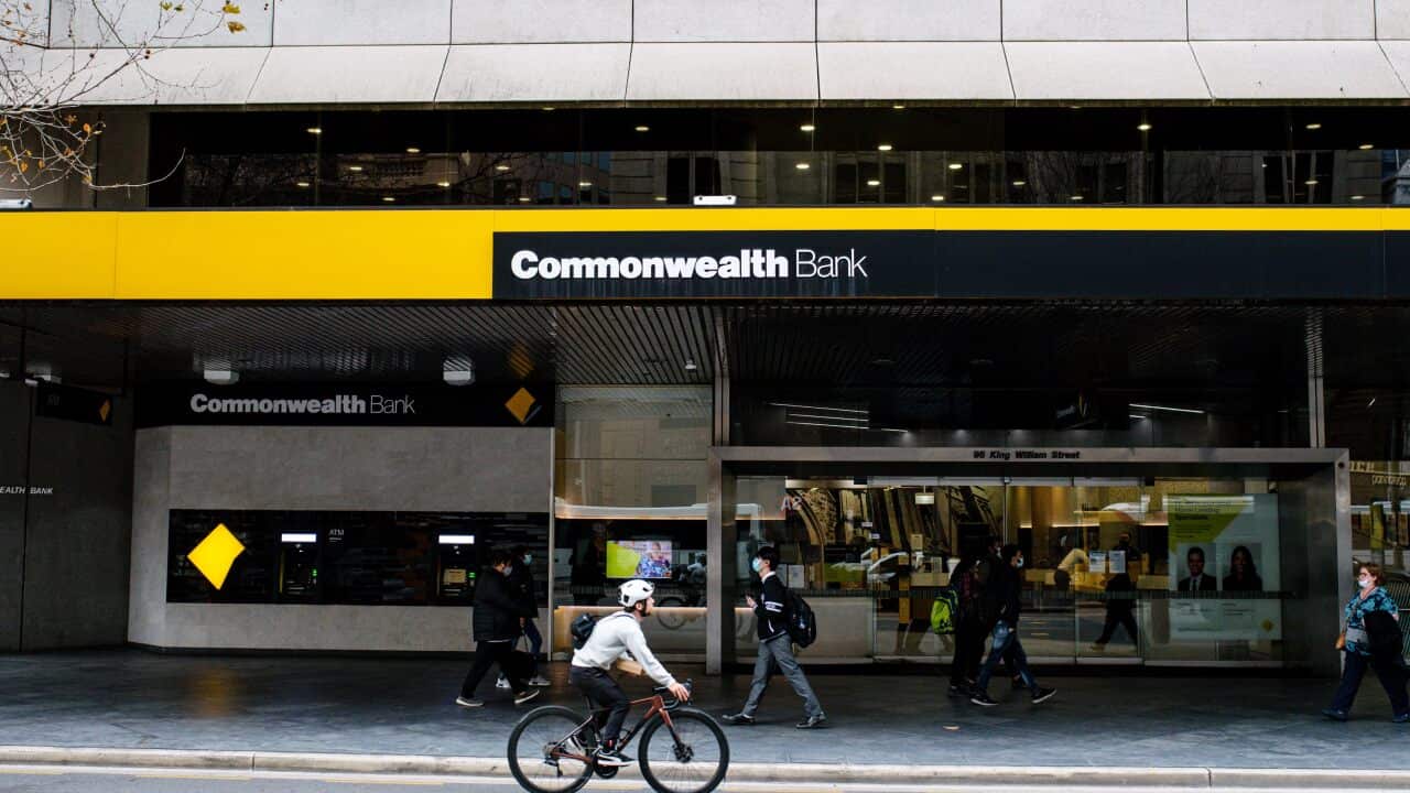 A person on a bicycle rides on the street past a Commonwealth Bank branch.