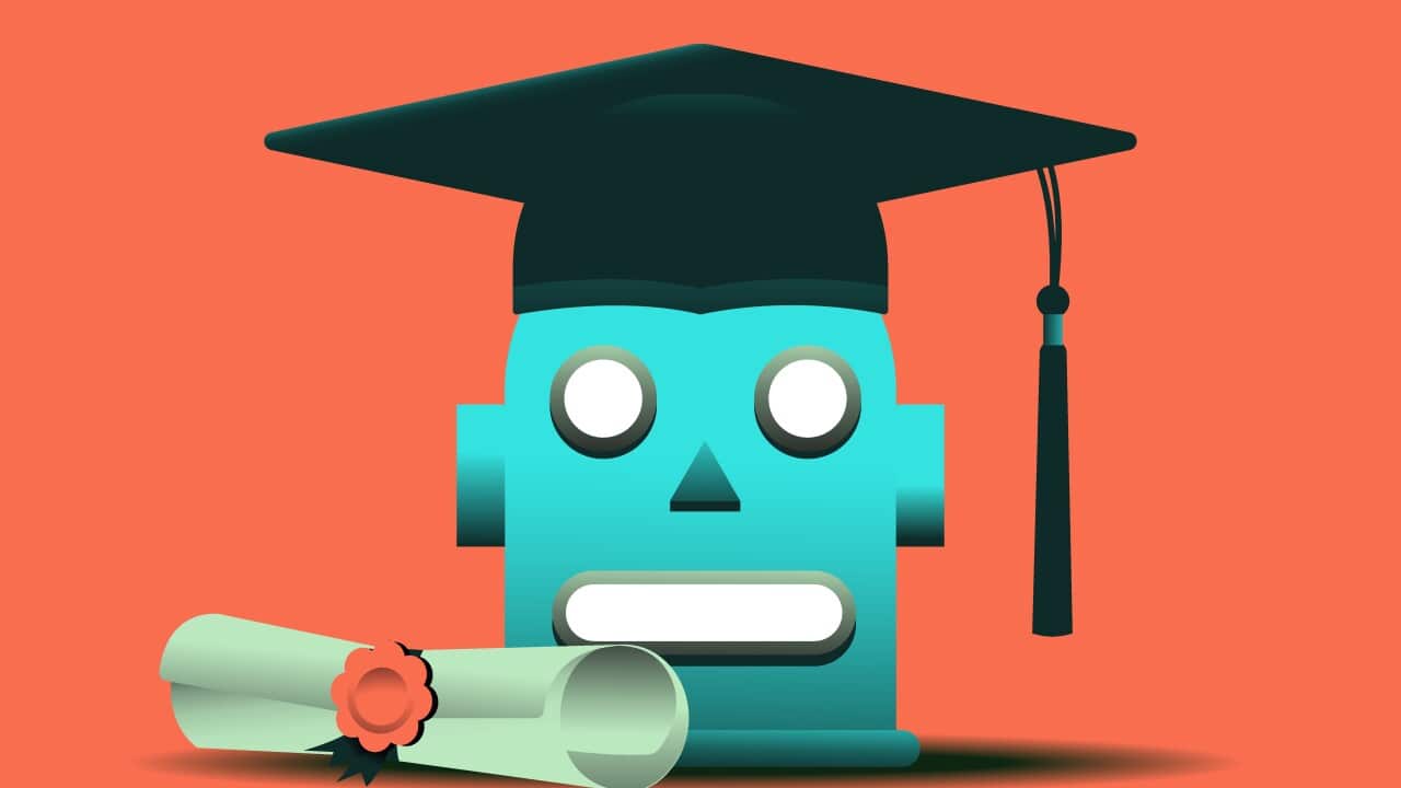 Robot's head in graduation cap and diploma vector illustration