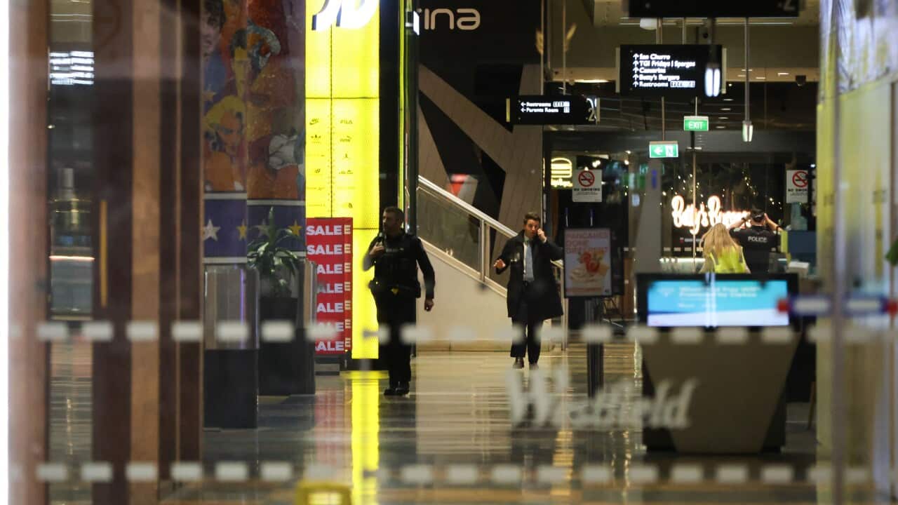 A shopper talking on the phone walks behind a man in a police uniform.