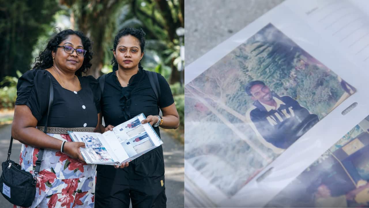 A split image: on the left are two women holding open a photograph album. On the right is a close up image of a photo album, showing an image of a smiling young man wearing a Nike sweatshirt.