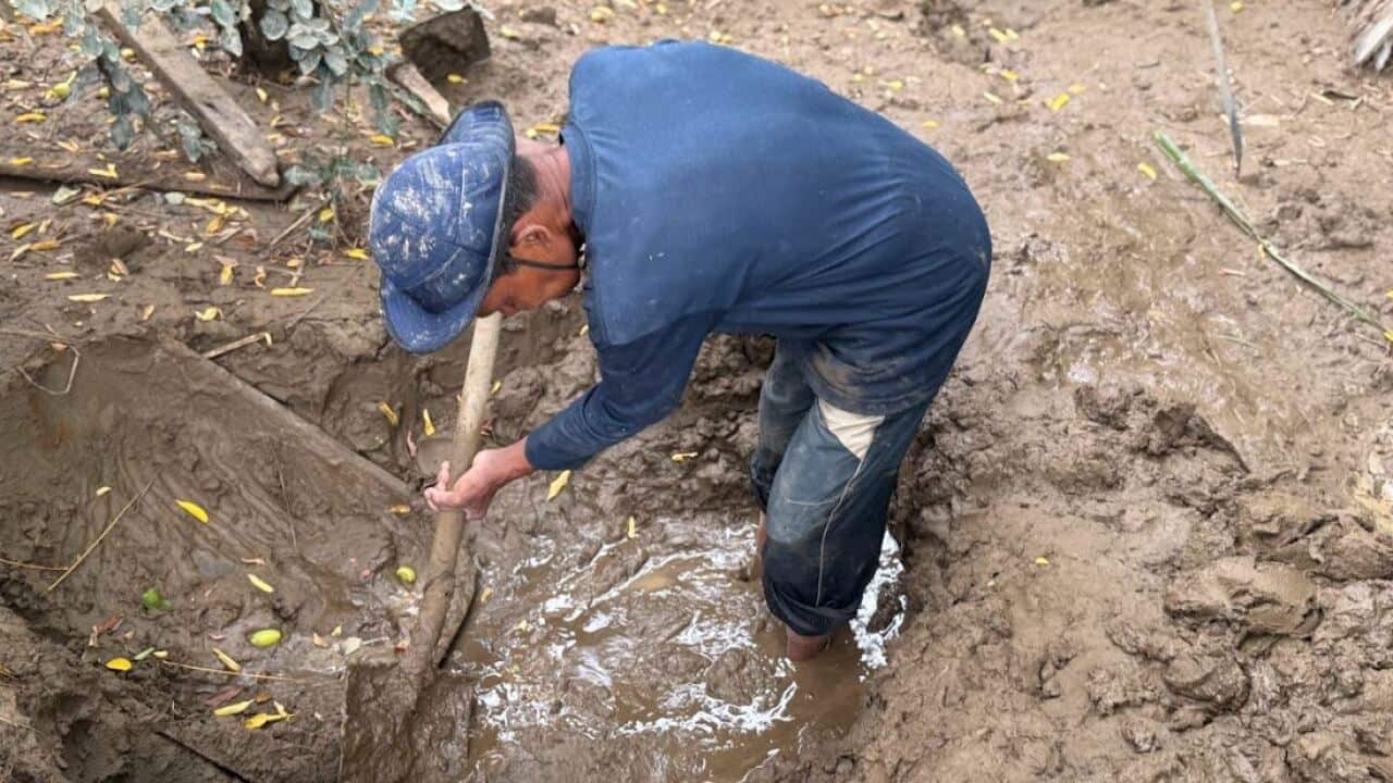 A man in blue shovels mud