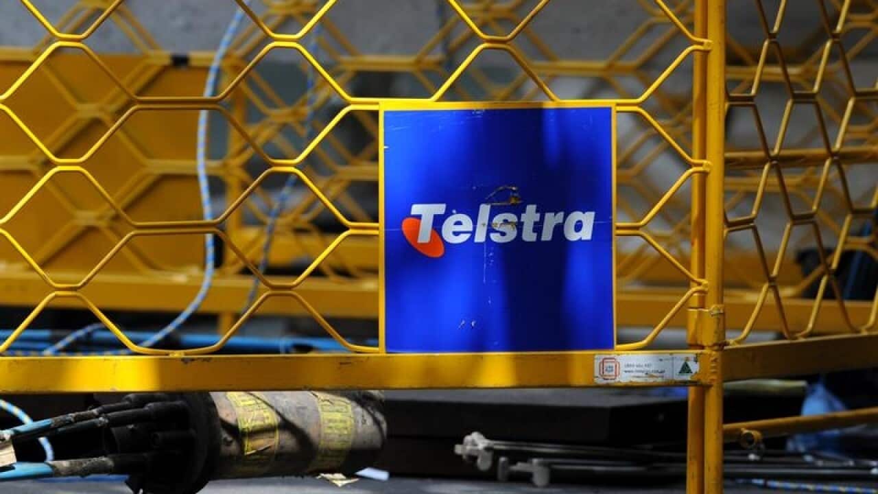 This is a file image of Telstra signage seen at a work site in Sydney
