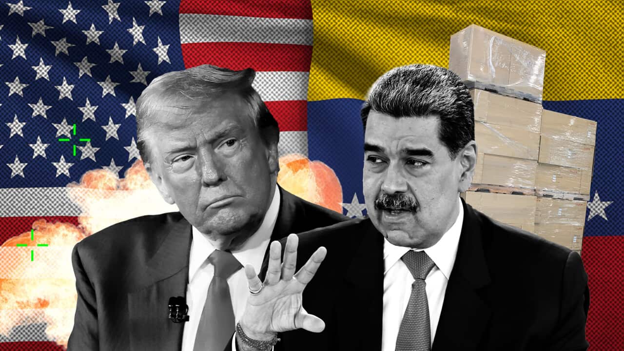 A composite image of two men in black and white standing in front of a collage of the US flag and Venezuelan flag