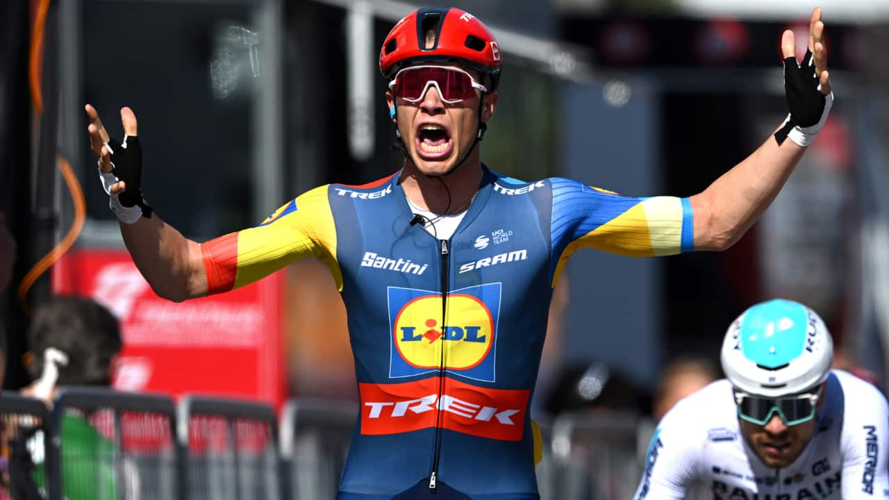 Jonathan Milan (Lidl-Trek) celebrates after winning Stage 4 of the 2024 Giro d'Italia