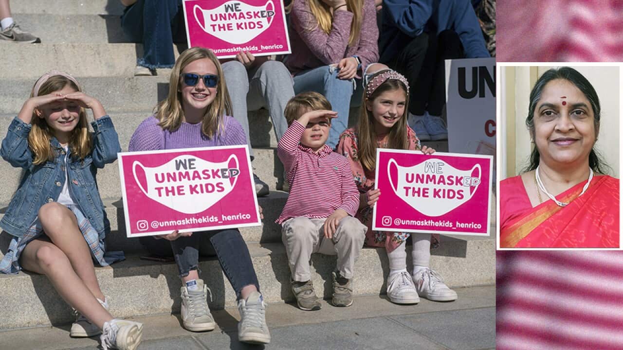Left: Students and parents want to opt out from school mask mandates, at the State Capitol in Richmond, Virginia, USA. Right: Dr Sudha Seshayyan.