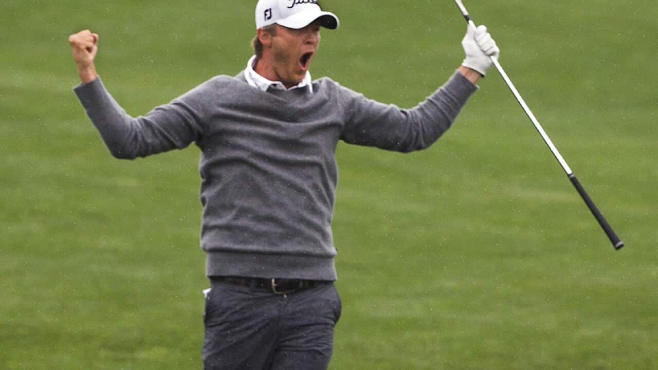 Matt Jones celebrates winning the Houston Open
