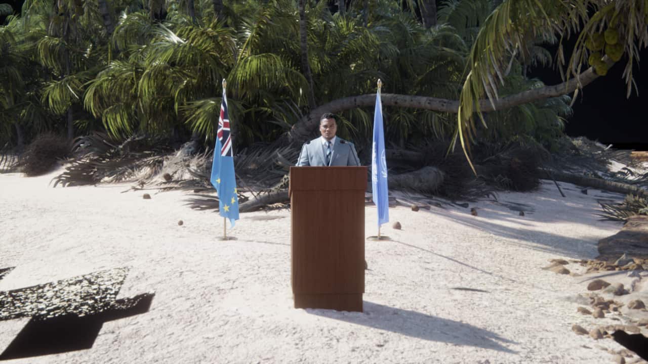Tuvalu's Foreign Minister Simon Kofe addresses the COP27 summit from a digital replica of an islet in his home country likely to be destroyed by climate change. (Supplied).png