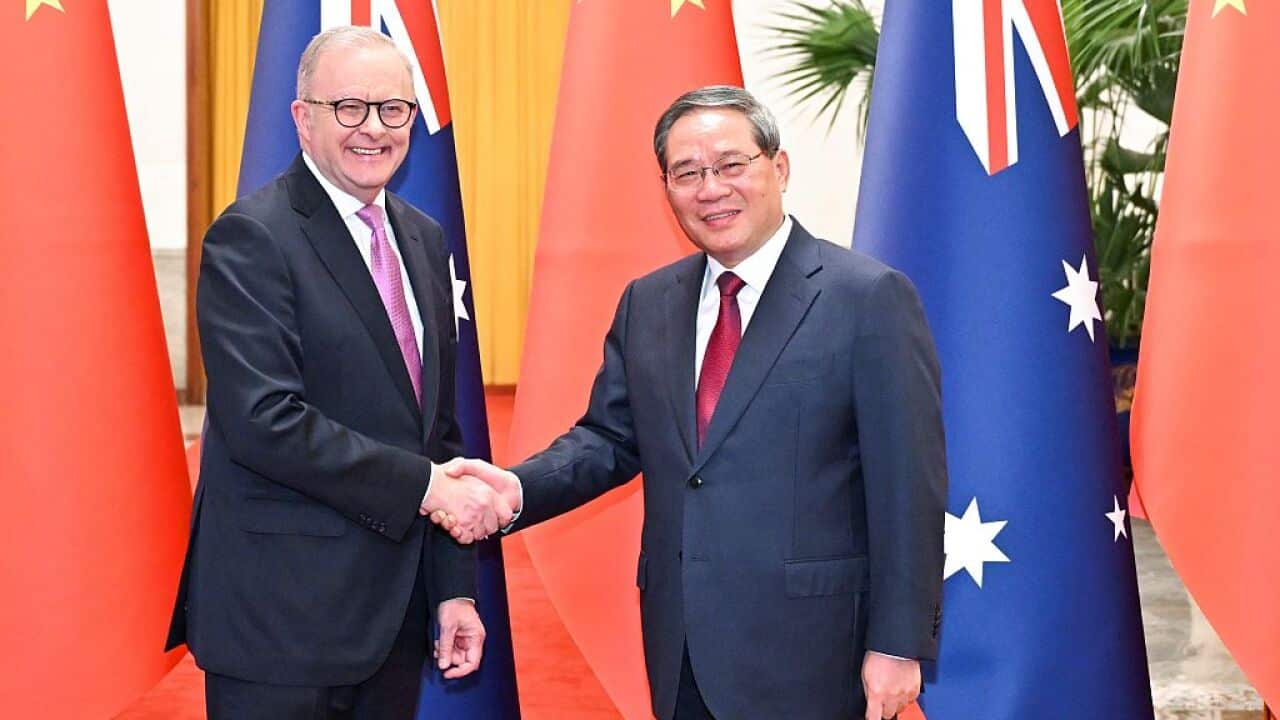 Anthony Albanese shakes hands with another man inside. Both are wearing suits. There are Australian and Chinese flags behind them