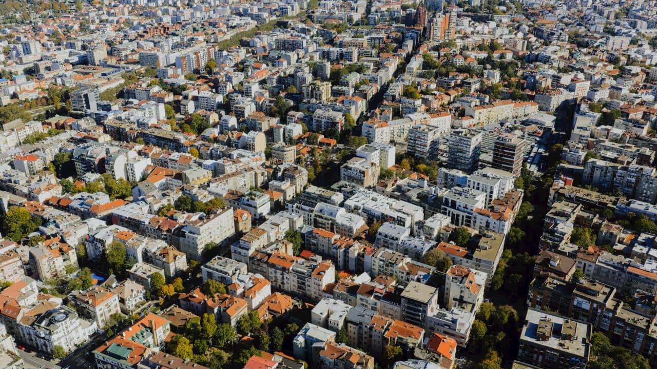 Aerial view of Belgrade urban area, taken in October 2025, Belgrade, Serbia