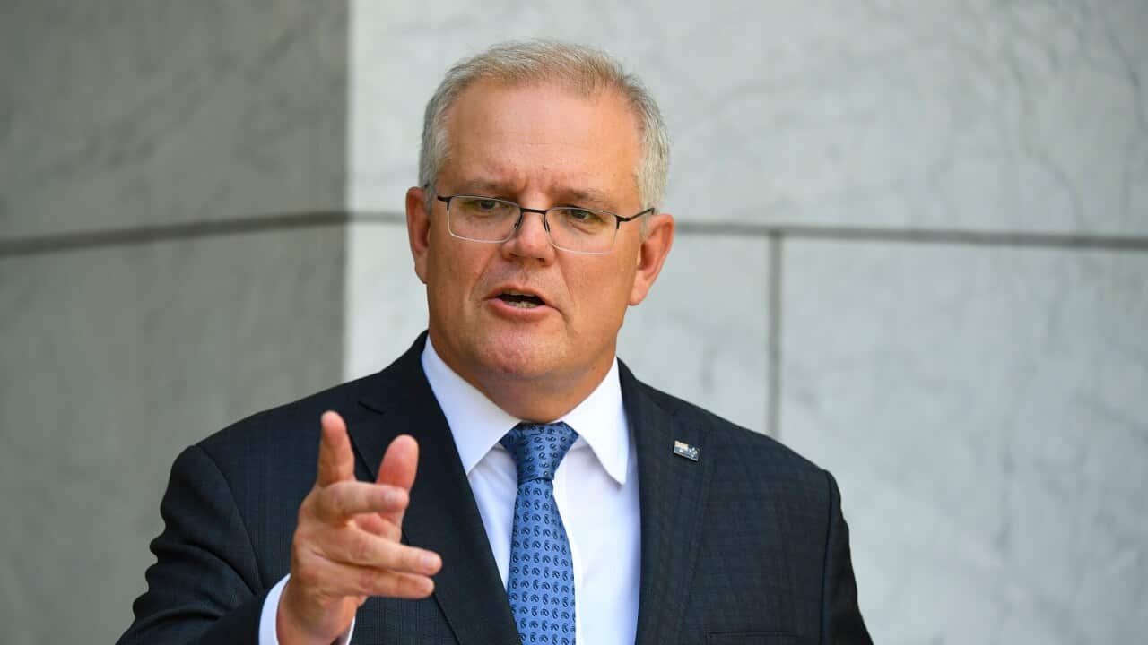 Prime Minister Scott Morrison speaks after the national cabinet meeting, at Parliament House in Canberra