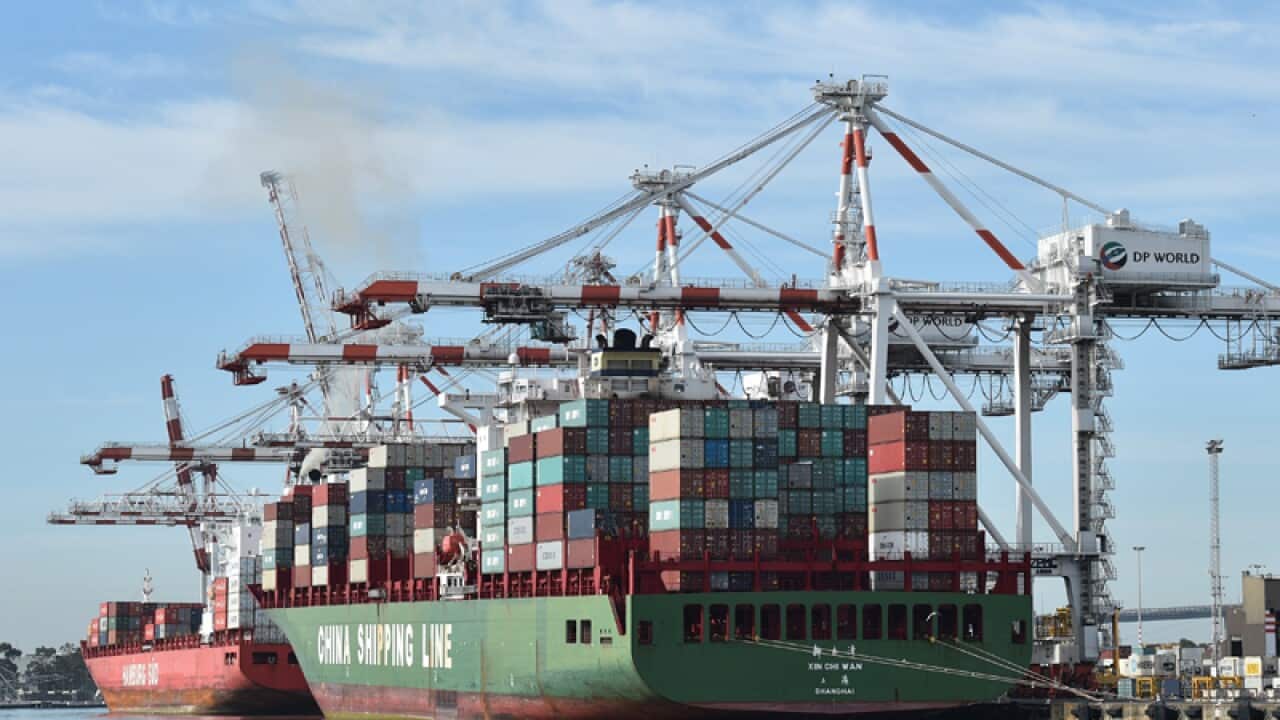 A container ship with import and export goods in Melbourne